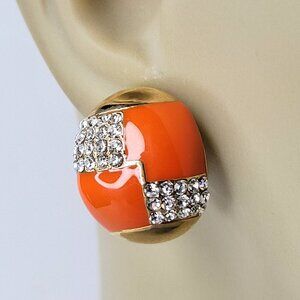 Orange And Gold Oval Earrings with Clear Crystals Small Orange Earrings